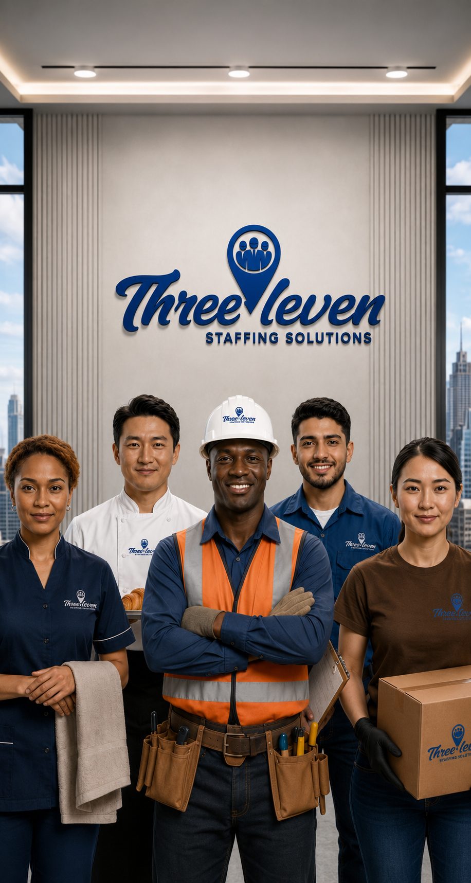 The Threeleven Staffing team — hospitality, food service, construction, industrial and logistics professionals in branded shirts, Orlando